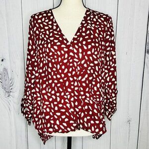 West K Faux Wrap Blouse 3/4 Sleeve Tie Maroon Polka Dot Women's Size M